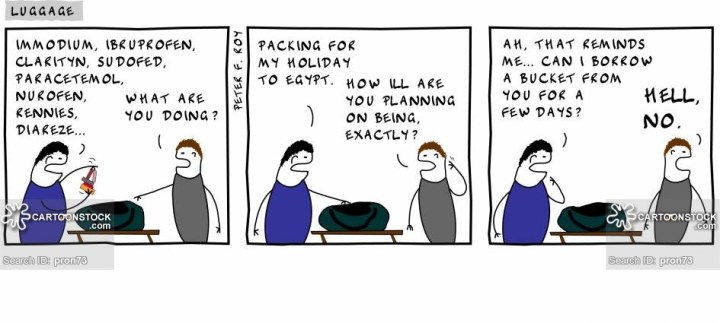 Immodiu, Ibruprofen, Clarityn, Sudofed, Paracetemol, Nurofen, Rennies, Diareze... - 'What are you doing?' - 'Packing for my holiday to Egypt.' - 'How ill are you planning on being, exactly?' - 'Ah, that reminds me... can I borrow a bucket from you for a